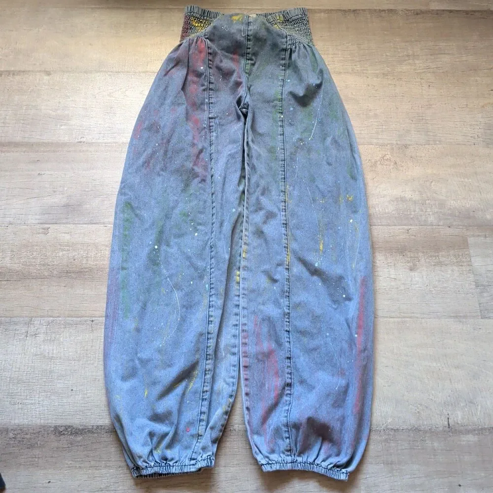 POL Clothing Women's Paint Splatter Denim Pants Sz M Smocked Elastic Waist Boho - Picture 2 of 8